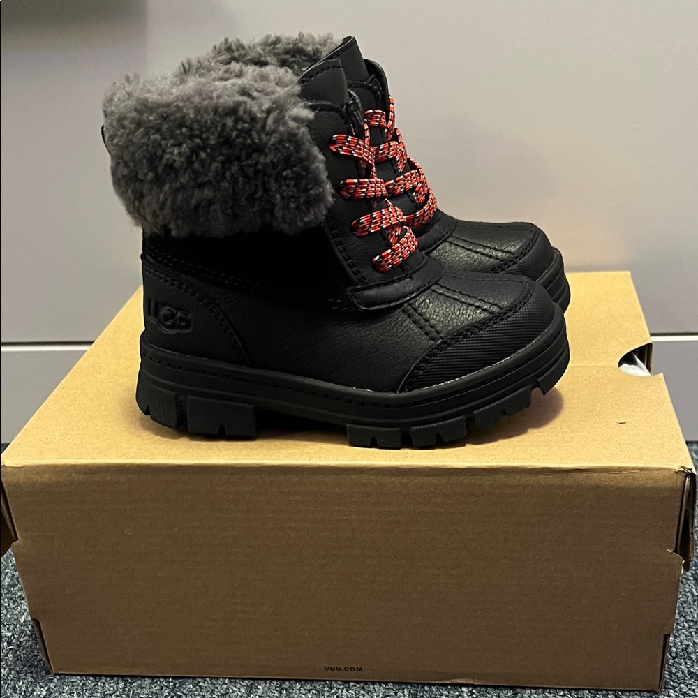 UGG Black Snow Boots with Red Laces and Gray Fur- New unused with box
